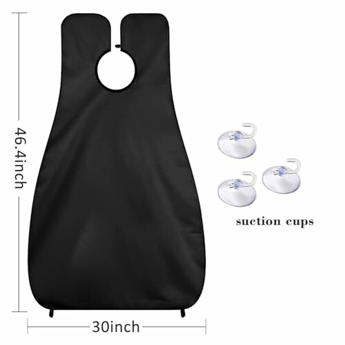 Black barber cape with suction cups and dimensions.