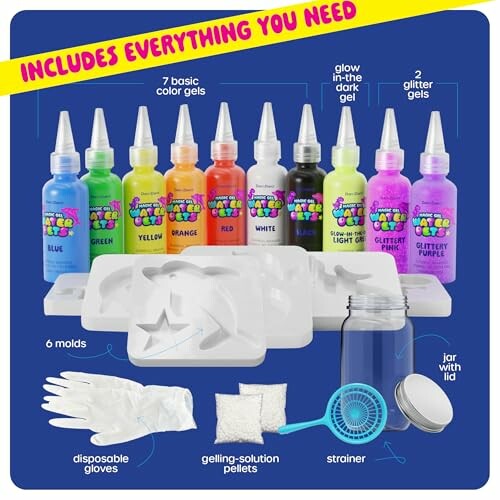 DIY craft kit with color gels, molds, gloves, and tools.