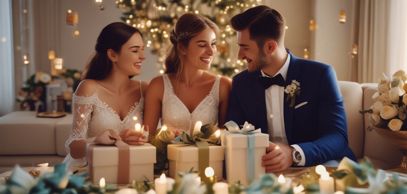 Couple opening wedding gifts