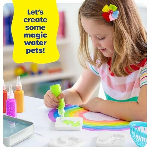 Girl creating colorful magic water pets with art supplies.