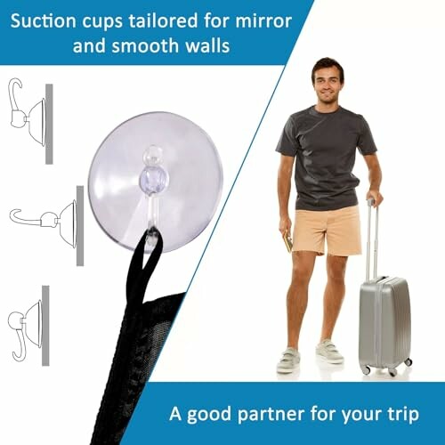 Suction cups illustration and man with suitcase.
