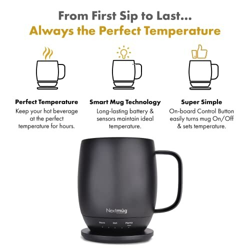 Smart mug with temperature control features and benefits.